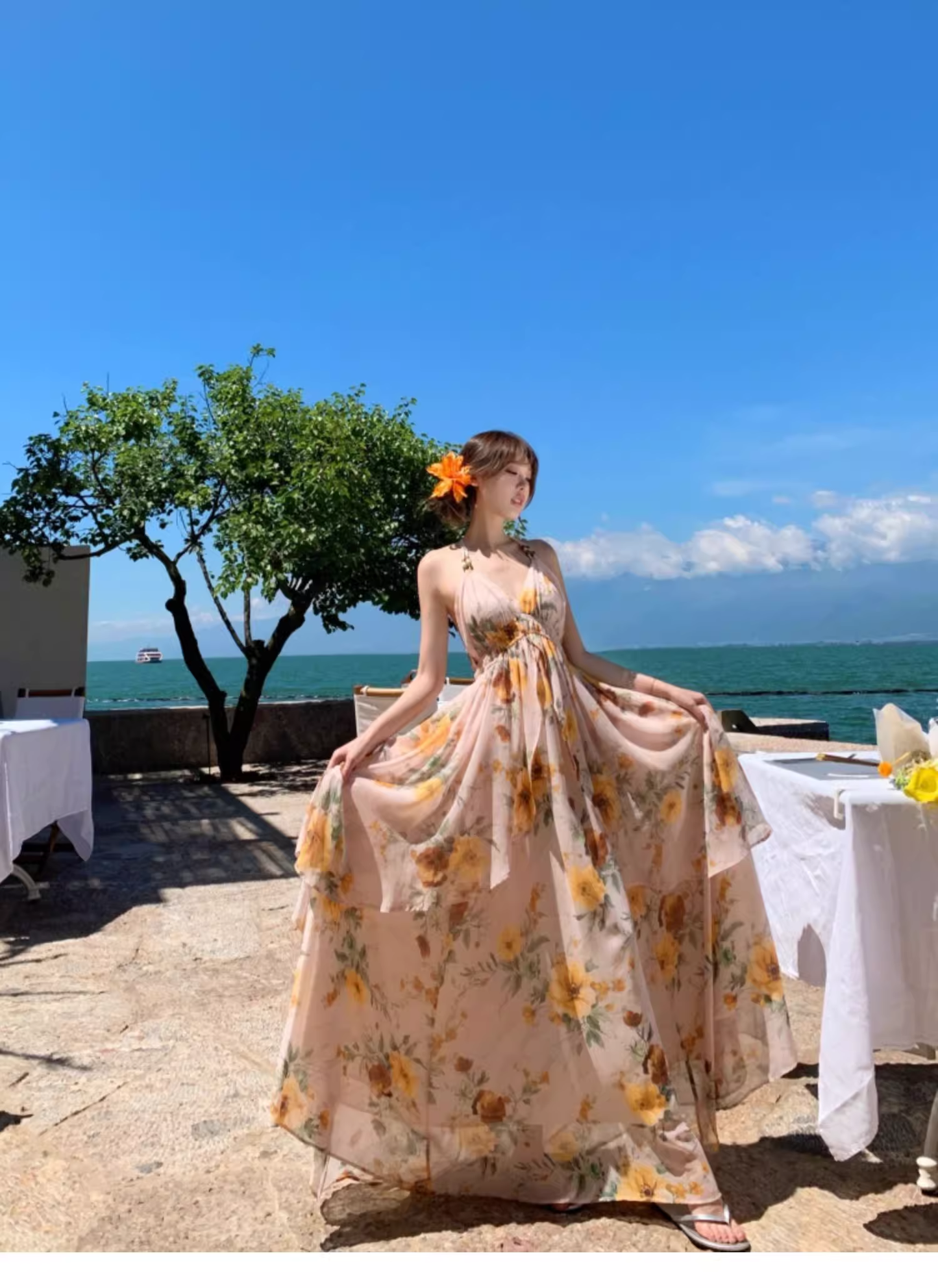 New Fashion Floral V-neck Design Elegant Beach Holiday A-line Sleeveless Halter Dress Summer Dress, D1723