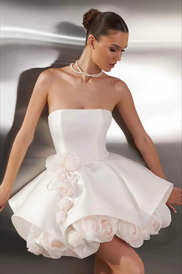 Beautiful Homecoming Dress Strapless Flower Pleated Back to School Outfits Party Dress D7243