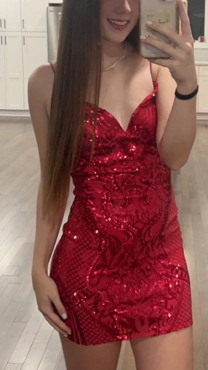 Stunning Homecoming Dress Red V Neck Sequins Back to School Outfits Party Dress D6701