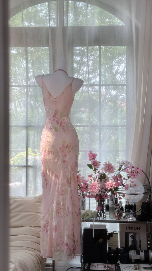 Retro Pink Floral Spaghetti Strap Romantic Chiffon Evening Dress Prom Dresses, D1461