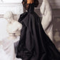 Retro Black Sweetheart Irregular Ruffle Hem Lace Gloves Design Elegant A-Line Satin Evening Dress Prom Dress D1605