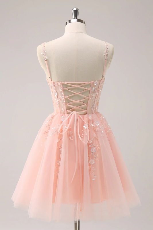 Vintage Pink 3D Flowers Design A-line Sleeveless Spaghetti Strap Homecoming Dress , D1369