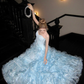 Gorgeous Shiny Light Blue Strapless Design A-Line Tulle Wedding Dress Prom Dress Evening Dress D1714