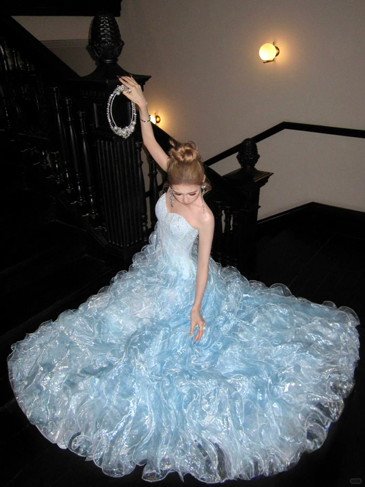 Gorgeous Shiny Light Blue Strapless Design A-Line Tulle Wedding Dress Prom Dress Evening Dress D1714