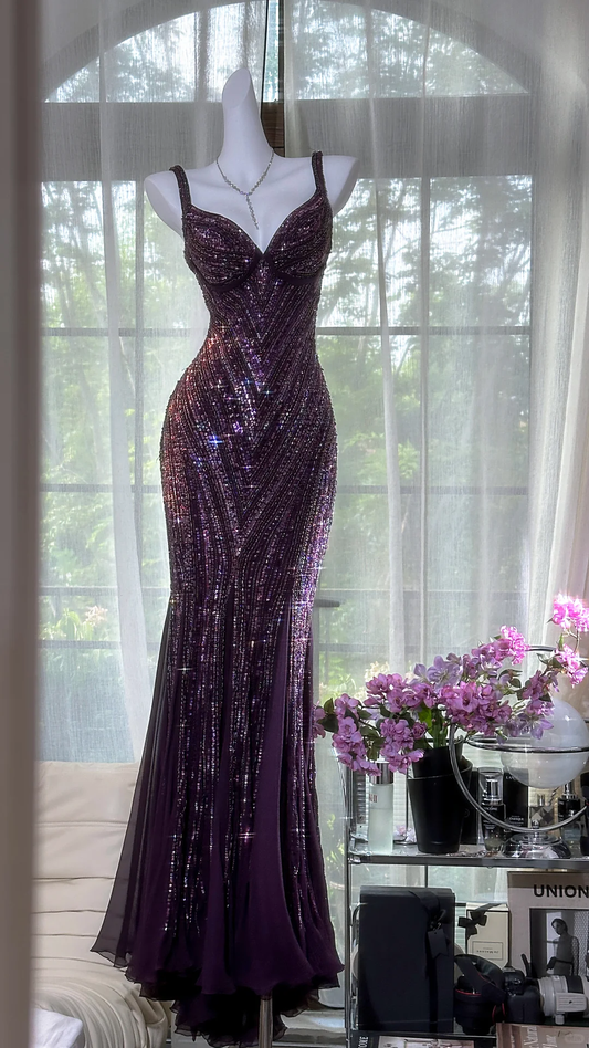 Gorgeous Purple Beaded Sequin V-neck Mermaid Elegant Chiffon Evening Dress Prom Dresses D1613