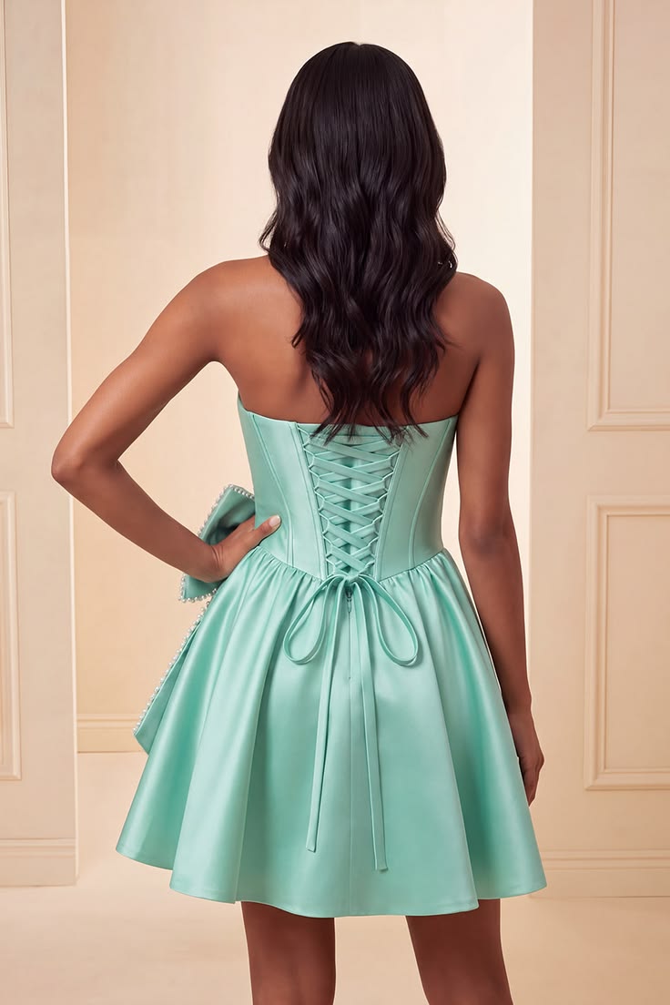 Unique Homecoming Dress Strapless Pearl Bowknot Back to School Outfits Party Dress  D7742