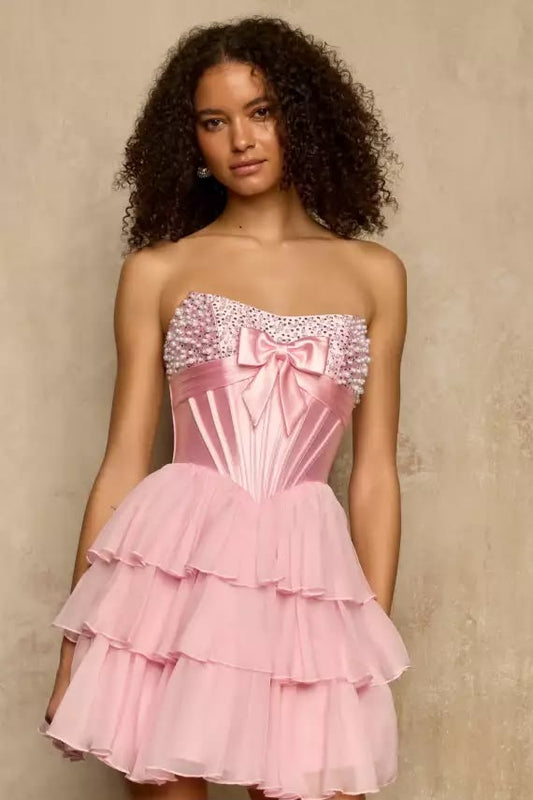 Unique Homecoming Dress Strapless Bowknot Cascade Tulle Bead Back to School Outfits Party Dress  D7734