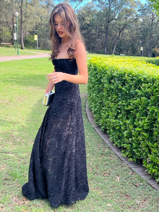 Black Spaghetti Straps A-Line Long Prom Dress Evening Gown MD7846
