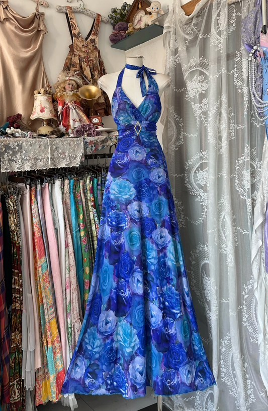 Vintage Navy Blue Floral V-neck Halter Dress Elegant A-Line Long Evening Dress Prom Dresses D1672