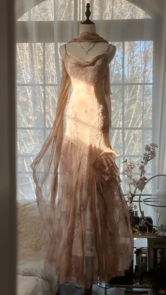 Vintage Champagne Sparkling Elegant Beaded Gorgeous Chiffon Evening Dress Prom Dress D1468