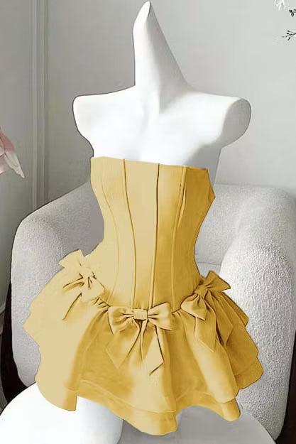 Beautiful Homecoming Dress Strapless Pleated Bowknot Back to School Outfits Party Dress D7249