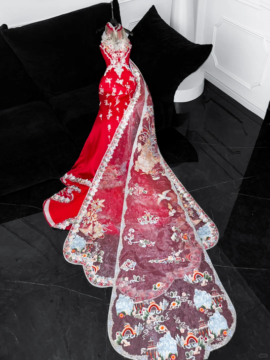 Gorgeous Sparkling Red Beaded Sequined Embroidery Design Elegant Mermaid Prom Dress Evening Dress D1698