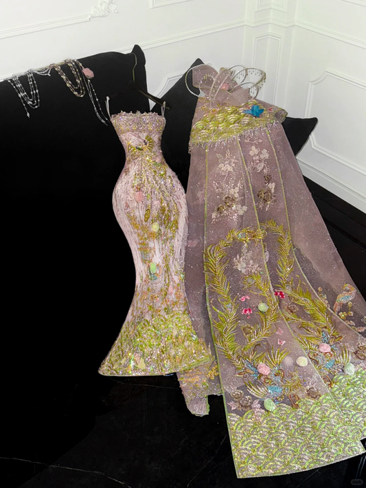 Gorgeous Sparkling Pink Beaded Applique Mermaid Design Exquisite Embroidery Evening Dress Prom Dresses D1639