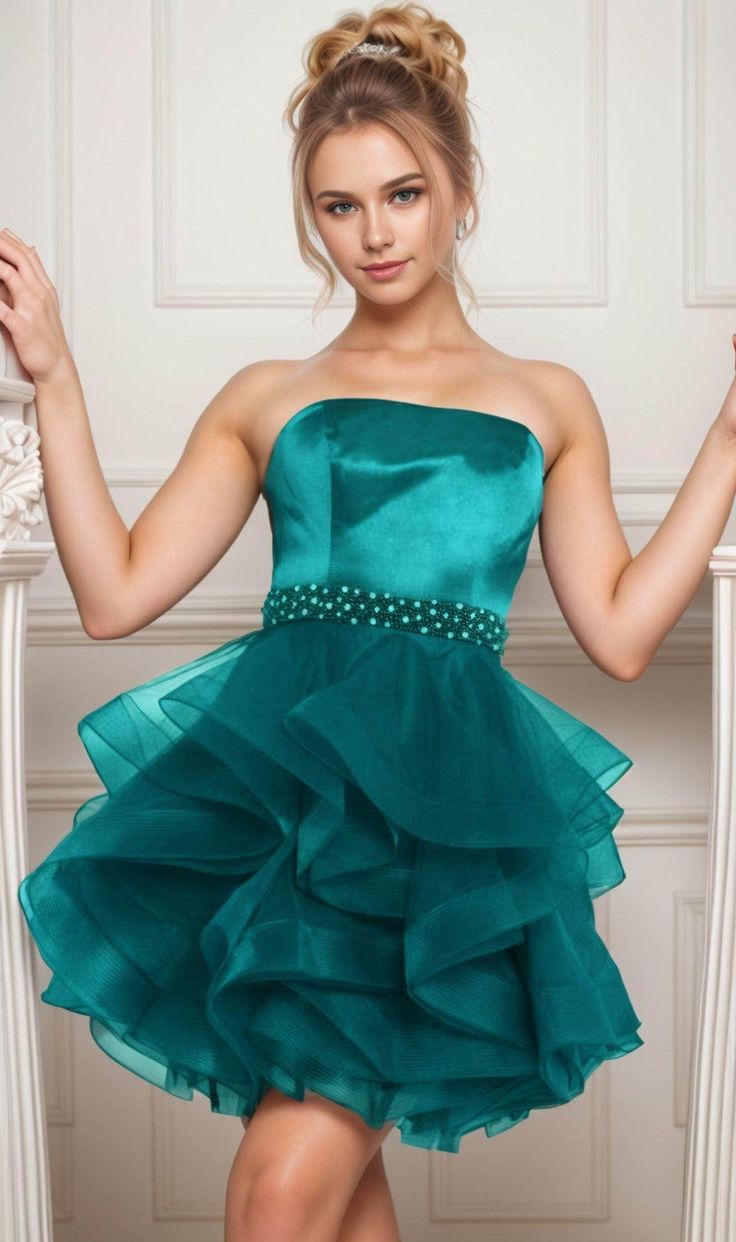 Unique Homecoming Dress Strapless Beaded Organza Cascade Back to School Outfits Party Dress D7763