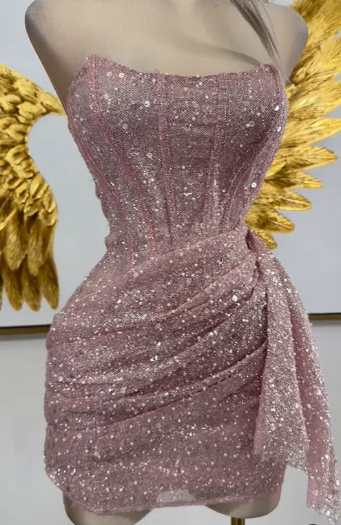 Stunning Homecoming Dress Strapless Sequins Pleated Back to School Outfits Party Dress D6811