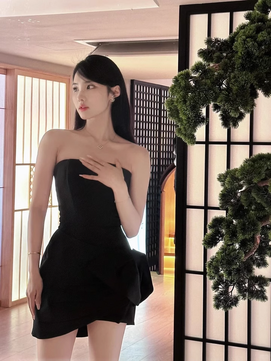 Elegant Black Strapless Bow Design A-line Satin Party Dress Homecoming Dress, D1371