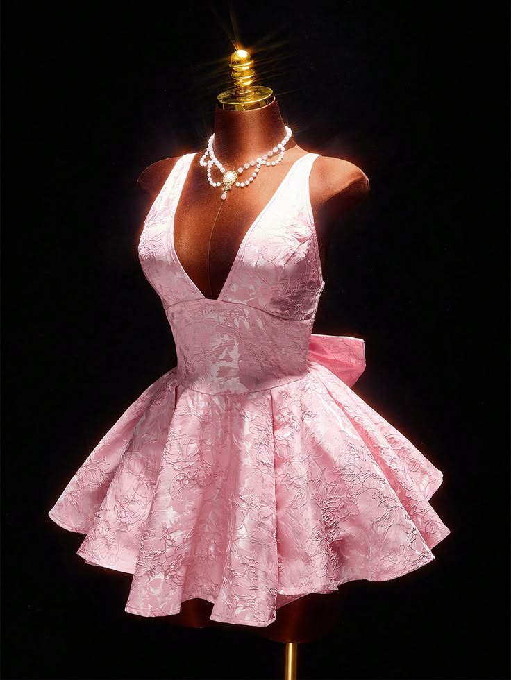 New Homecoming Dress V Neck Bowknot Pink Back to School Outfits Party Dress D6690