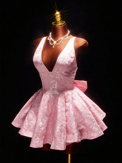 New Homecoming Dress V Neck Bowknot Pink Back to School Outfits Party Dress D6690