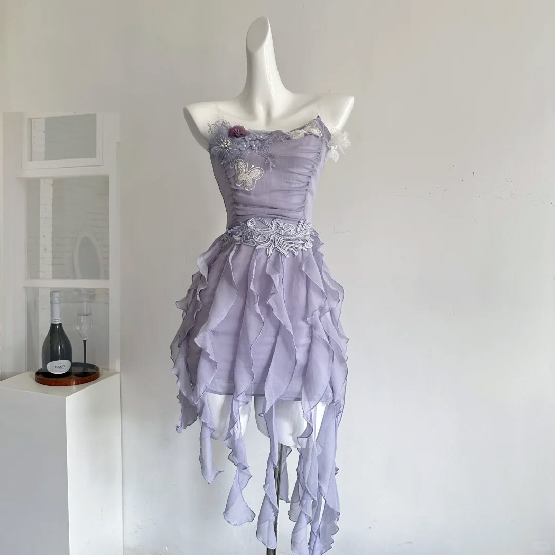 Beautiful Homecoming Dress Strapless Soutache Hi-Lo Applique Flower Back to School Outfits Party Dress D7281