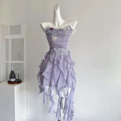 Beautiful Homecoming Dress Strapless Soutache Hi-Lo Applique Flower Back to School Outfits Party Dress D7281