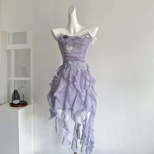 Beautiful Homecoming Dress Strapless Soutache Hi-Lo Applique Flower Back to School Outfits Party Dress D7281