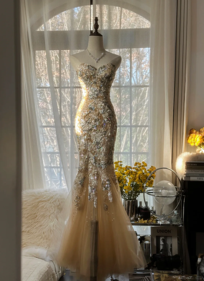 Elegant Mermaid Golden Sparkling Strapless Elegant Beaded Shinny Chiffon Evening Dress Prom Dress D1470