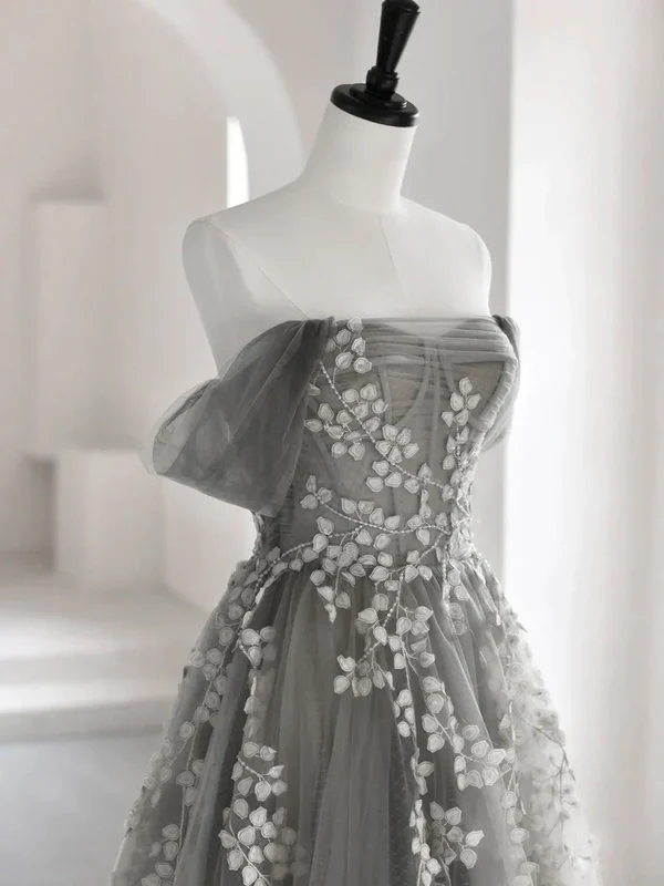Green tulle lace long prom dress A line evening dress M5323