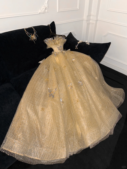 Gorgeous Shiny Yellow Sequin Beaded 3D Butterflies A-Line Floor-length Evening Dress Prom Dresses D1665