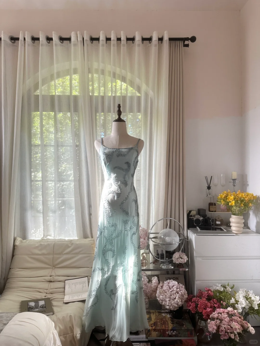 Retro Light Green Sparkling Beaded Spaghetti Strap Design Elegant Chiffon Evening Dress Prom Dress D1487