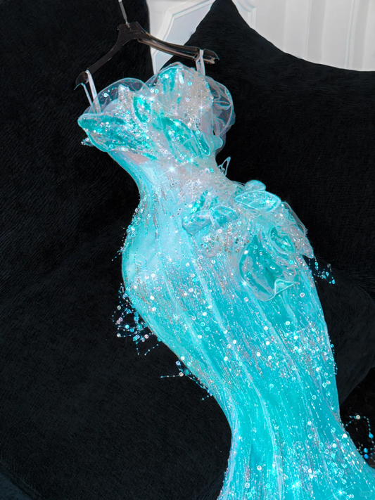 Gorgeous Sparkling Blue Beaded Sequin Mermaid Elegant Chiffon Tulle Evening Dress Prom Dresses D1615