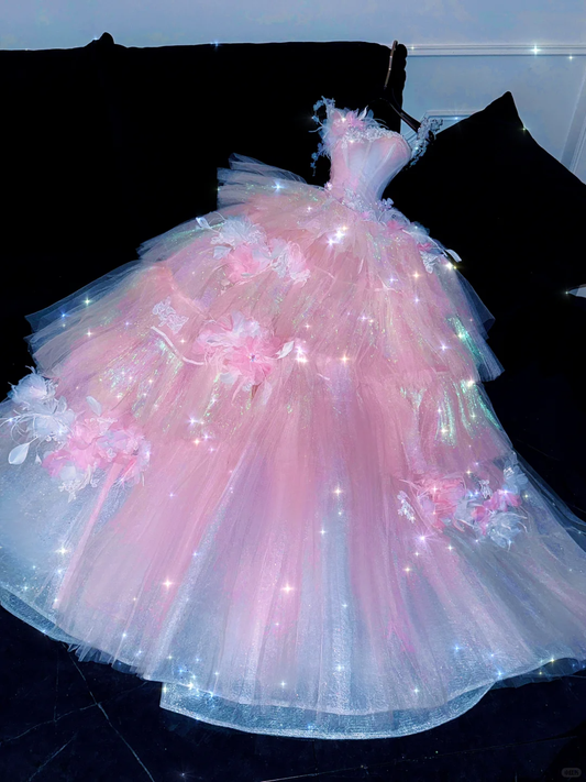 Sparkling Elegant Pink A-Line Tiered Prom Dress Evening Dress Ball Gown D1696