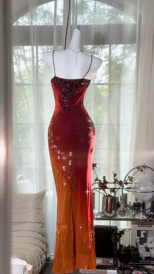 Vintage Beaded Sparkling Long Chiffon Spaghetti Strap Luxury Ball Gown Evening Dress Prom Dresses D1499