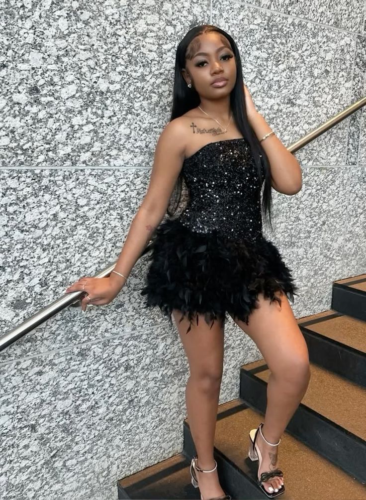 Stunning Homecoming Dress Black Strapless Sequins Feather Cascade Back to School Outfits Party Dress D6695