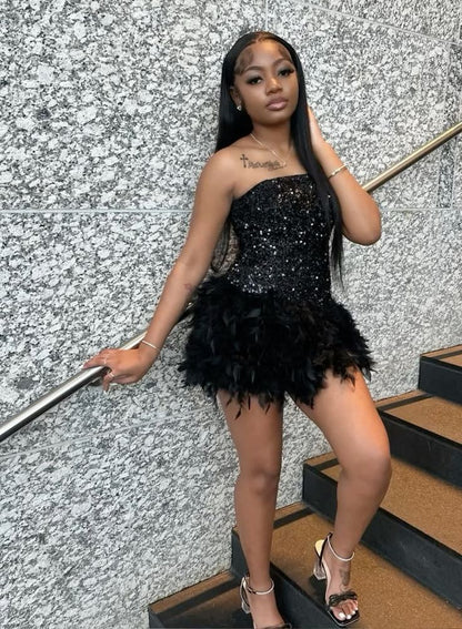 Stunning Homecoming Dress Black Strapless Sequins Feather Cascade Back to School Outfits Party Dress D6695
