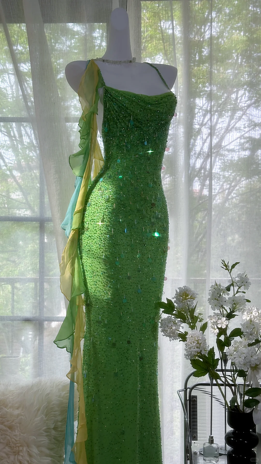 Vintage Shiny Sequin Green Spaghetti Strap Design A-line Romantic Chiffon Evening Dress Prom Dress D1505