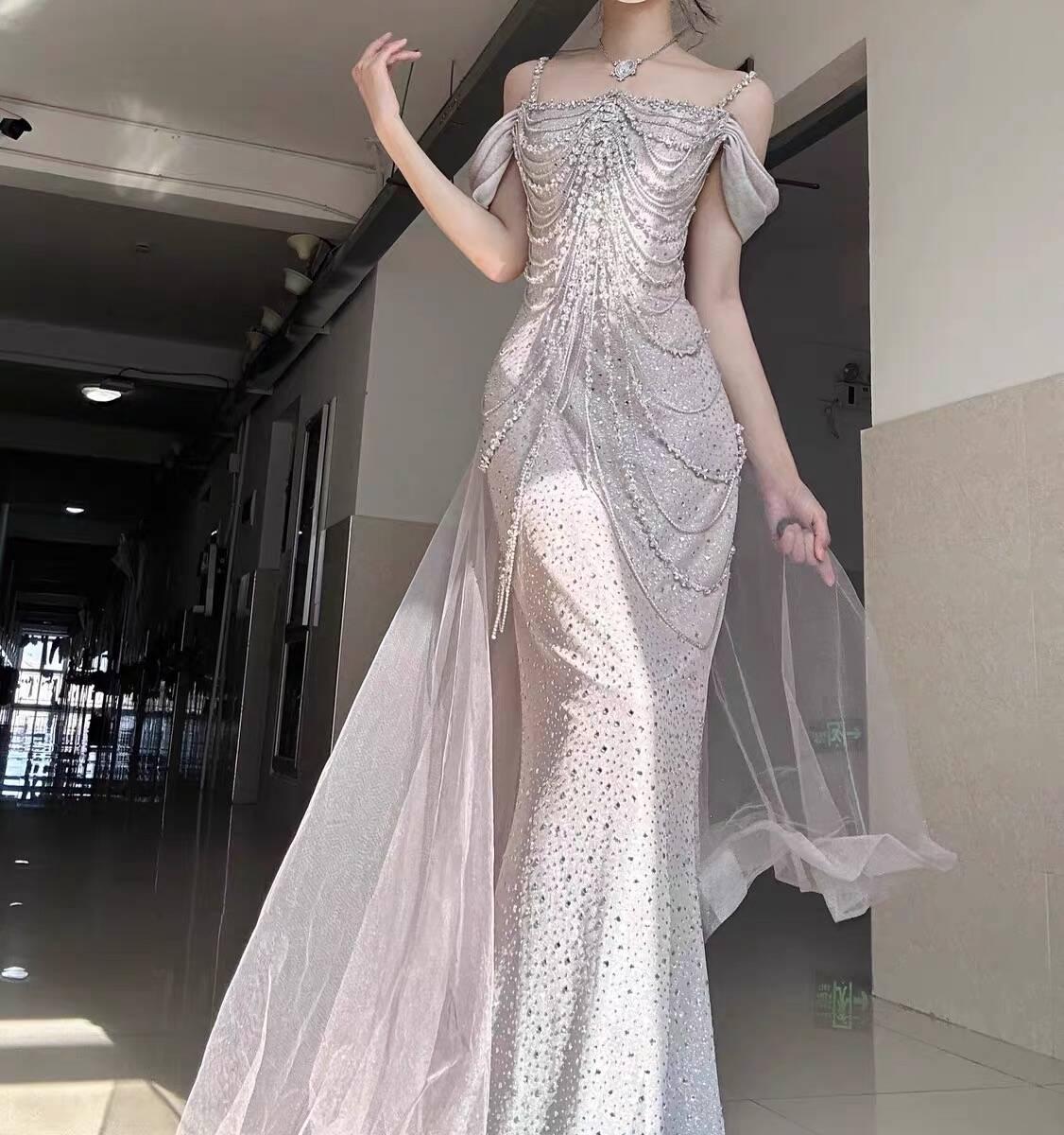 Pink Straps Off Shoulder Beading Mermaid Long Formal Party Dress, D282
