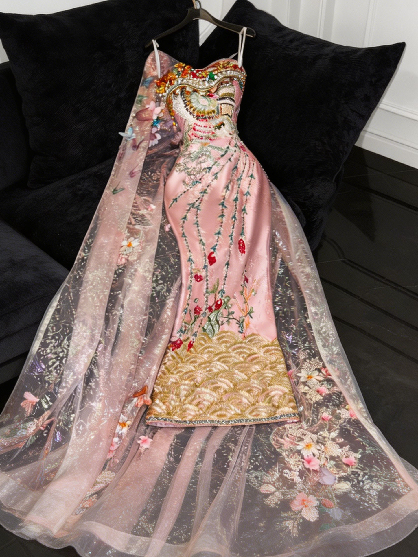 Chic Spaghetti Strap Pleated Embroidery Tulle Stole Long Party Dress Prom Gown Evening Dress D7405