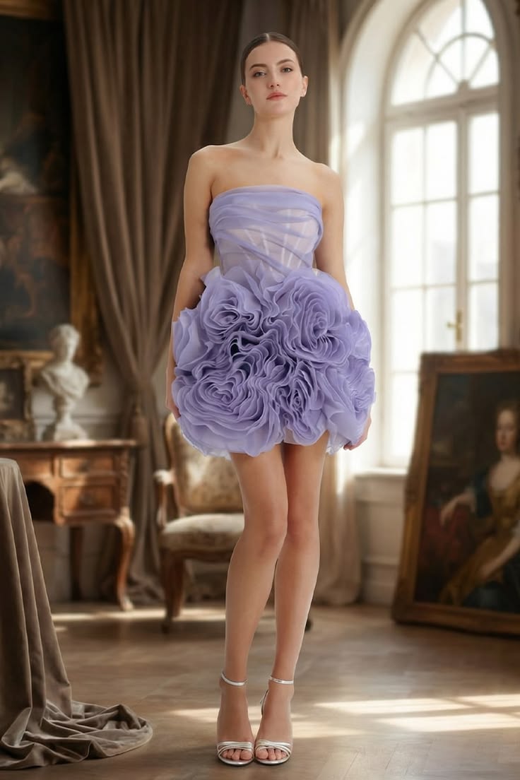 Unique Homecoming Dress Strapless Organza Flower Back to School Outfits Party Dress  D7728