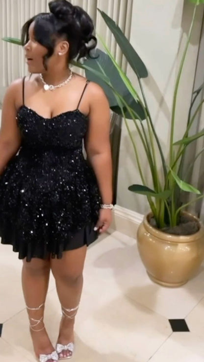 Stunning Homecoming Dress Spaghetti Strap Black Tulle Sequis Back to School Outfits Party Dress D6698