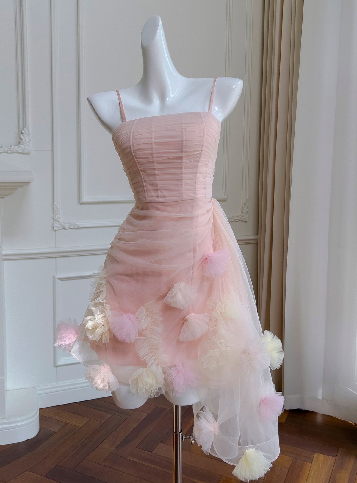 Charming Homecoming Dress Spaghetti Strap Flower Tulle Back to School Outfits Party Dress D7305