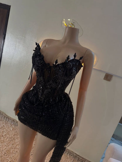 Stunning Homecoming Dress Black V Neck Hi-Lo Beading Back to School Outfits Party Dress D6692