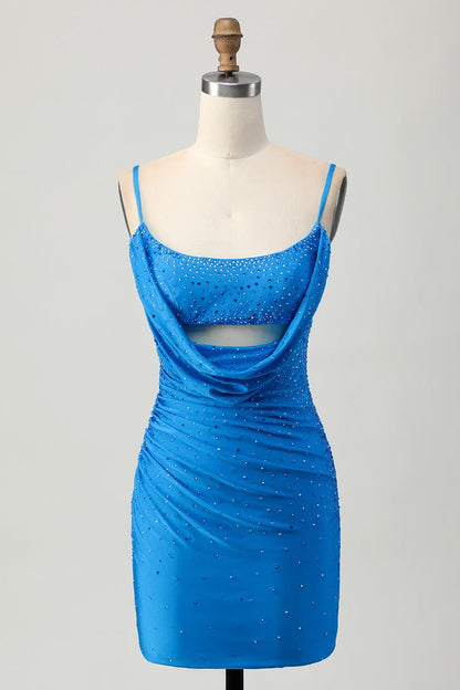 Unique Homecoming Dress Spaghetti Strap Beaded Pleated Back to School Outfits Party Dress D7803