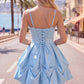 Unique Homecoming Dress Spaghetti Strap V Neck Pleated A-Line Back to School Outfits Party Dress D7774