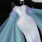 Vintage Shiny Sequined Sweetheart Spaghetti Strap Design Mermaid Prom Dress Evening Dress D1684