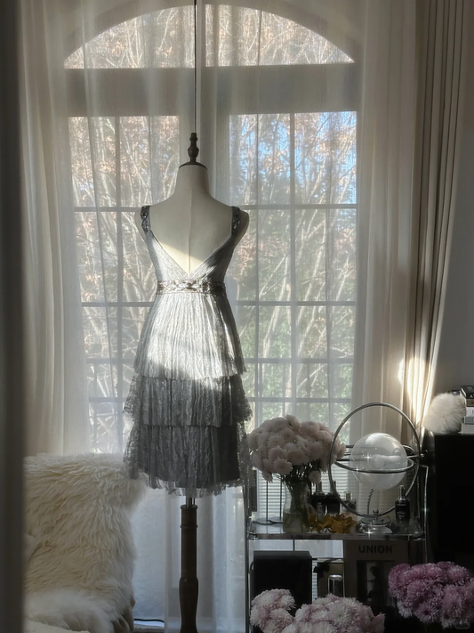 Retro Silvery V-neck Gorgeous Shinny Chiffon Tiered Evening Dress Prom Dress D1473