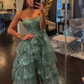 Glitter Blue Strapless A-Line Lace Tiered Long Prom Dress with Split MD7326