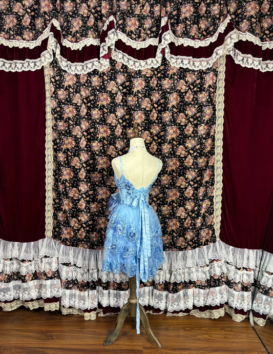 Retro Blue Floral Applique A-Line Elegant Chiffon Tiered Homecoming Dress Evening Dress Prom Dresses D1616