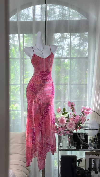Retro Pink V-neck Floral Elegant Chiffon Evening Dress Prom Dresses D1612