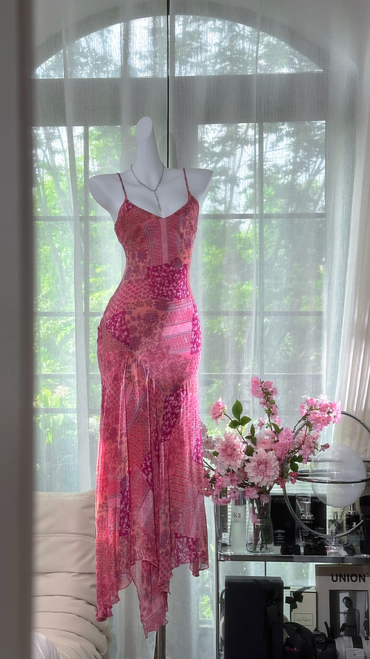 Retro Pink V-neck Floral Elegant Chiffon Evening Dress Prom Dresses D1612