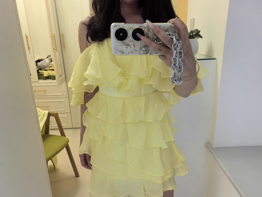 Fashion Yellow Strapless Ruffled Hem Design A-line Tiered Party Dresses Homecoming Dresses, D1385